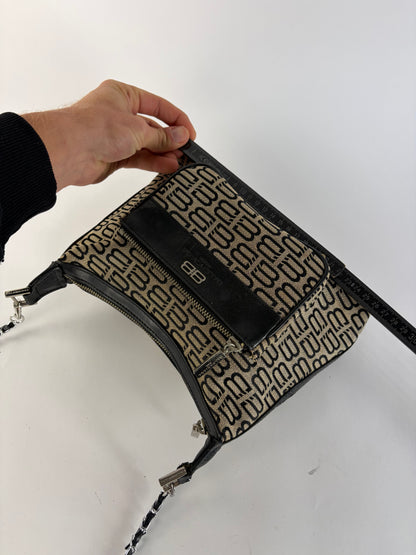 Vintage Balenciaga BB Monogram Flap Crossbody Bag Late 2010s Beige Black