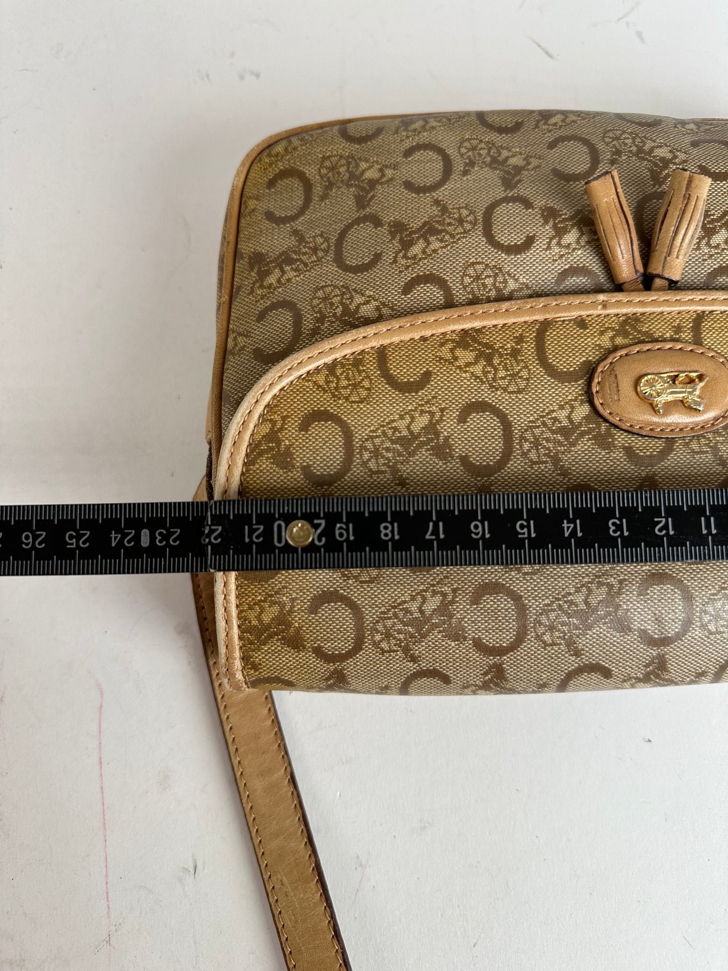 Vintage Celine Paris C Macadam Monogram Coated Canvas Shoulder Bag Beige Brown