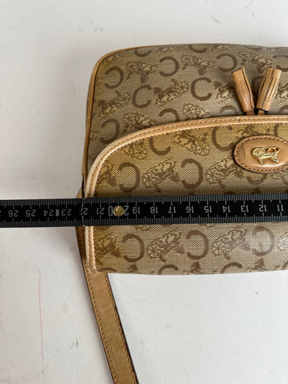 Vintage Celine Paris C Macadam Monogram Coated Canvas Shoulder Bag Beige Brown