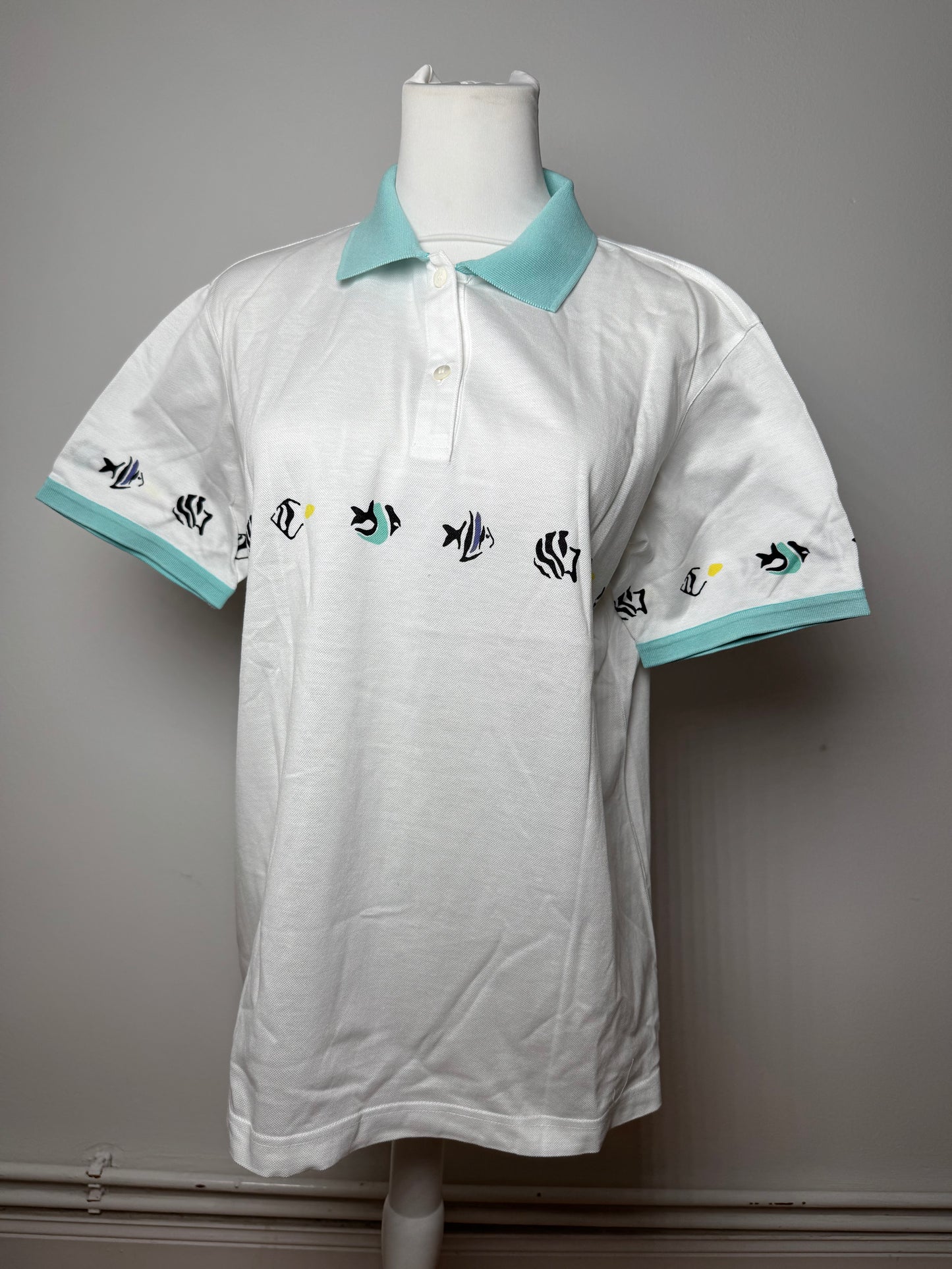 Vintage Dior Fish Polo White Turquoise L