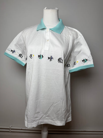 Vintage Dior Fish Polo White Turquoise L
