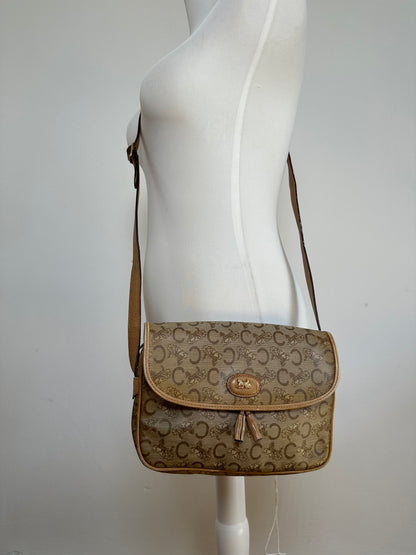Vintage Celine Paris C Macadam Monogram Coated Canvas Shoulder Bag Beige Brown