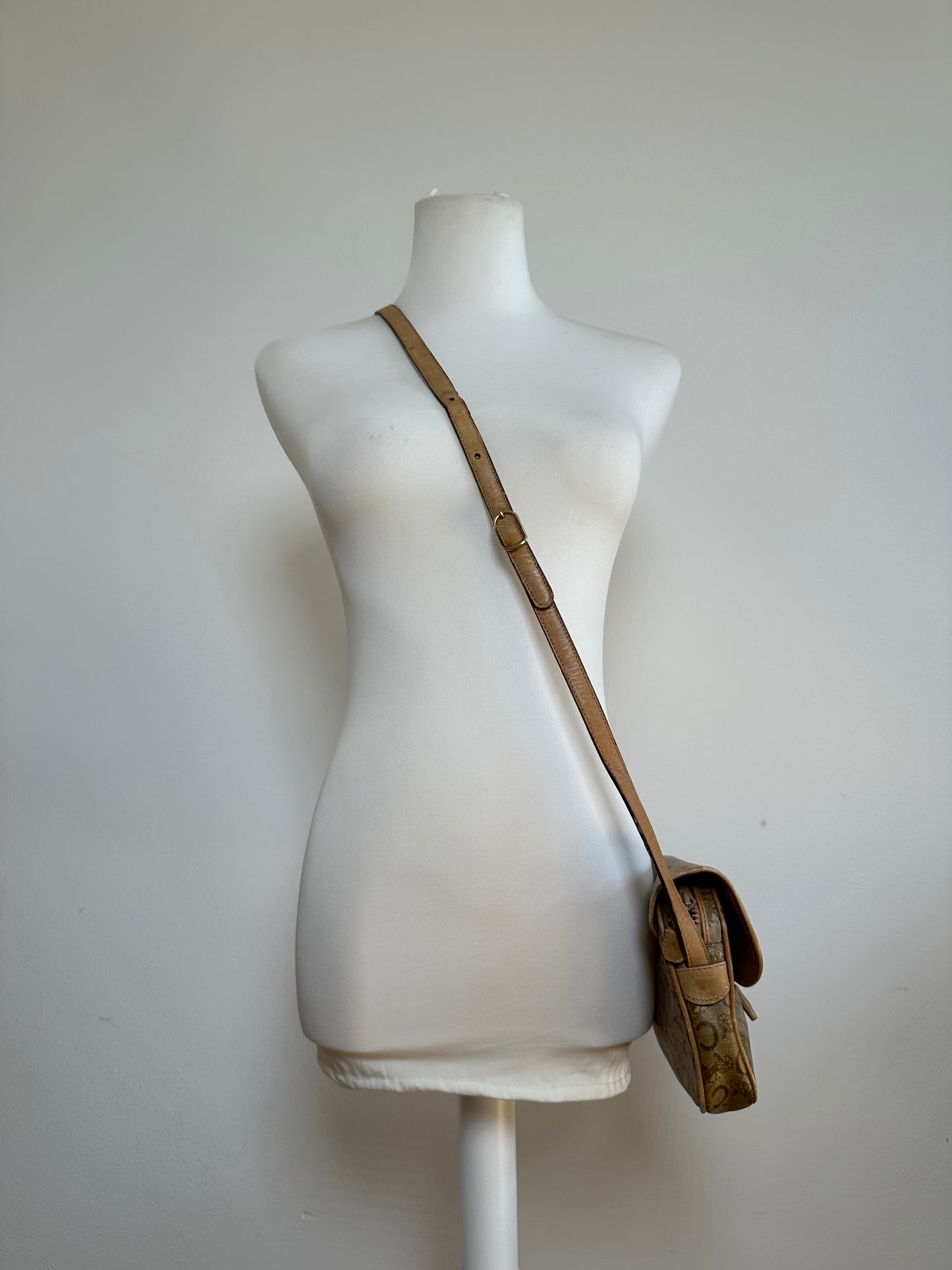 Vintage Celine Paris C Macadam Monogram Coated Canvas Shoulder Bag Beige Brown