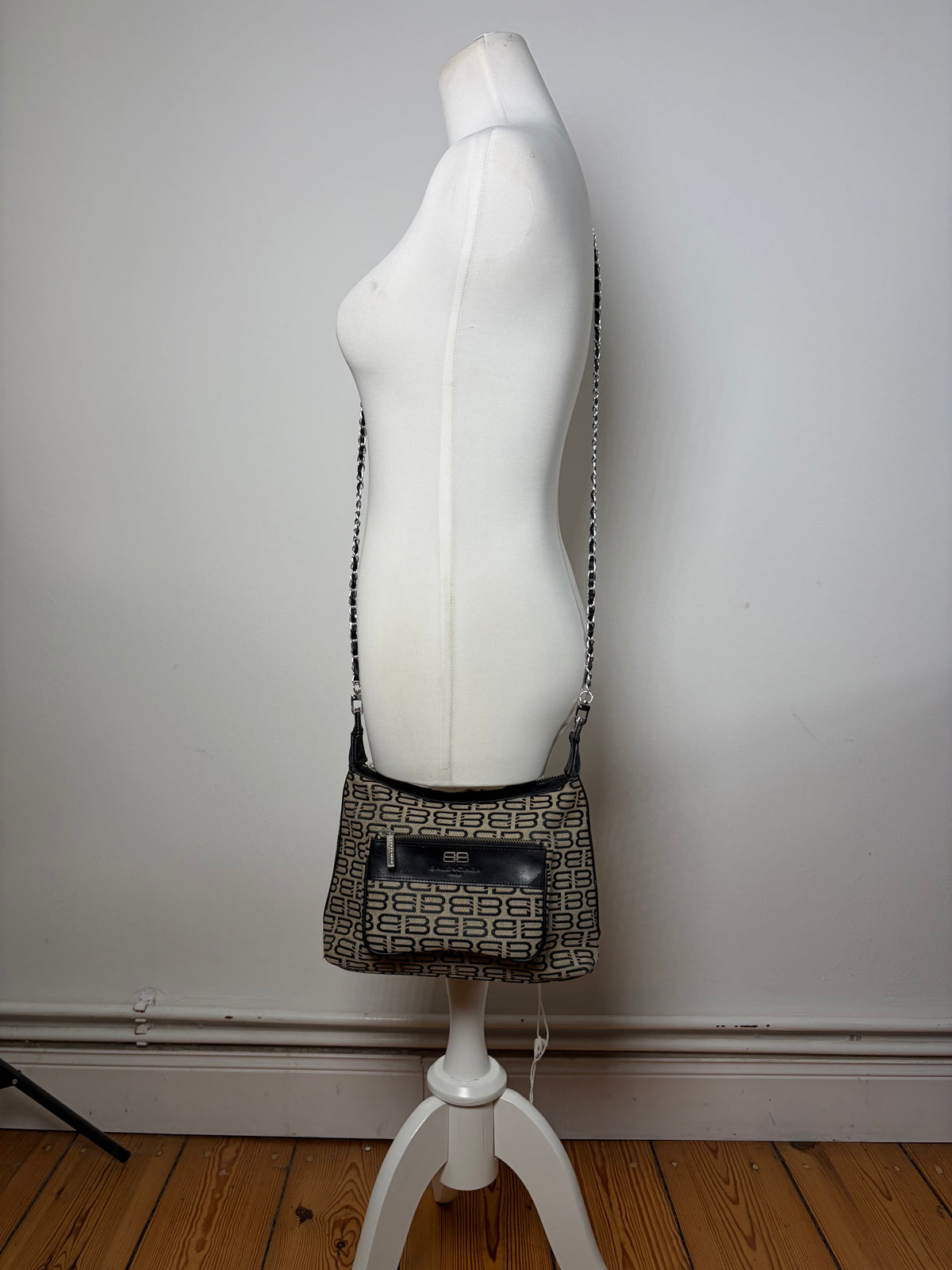 Vintage Balenciaga BB Monogram Flap Crossbody Bag Late 2010s Beige Black