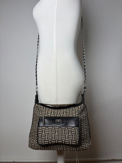 Vintage Balenciaga BB Monogram Flap Crossbody Bag Late 2010s Beige Black