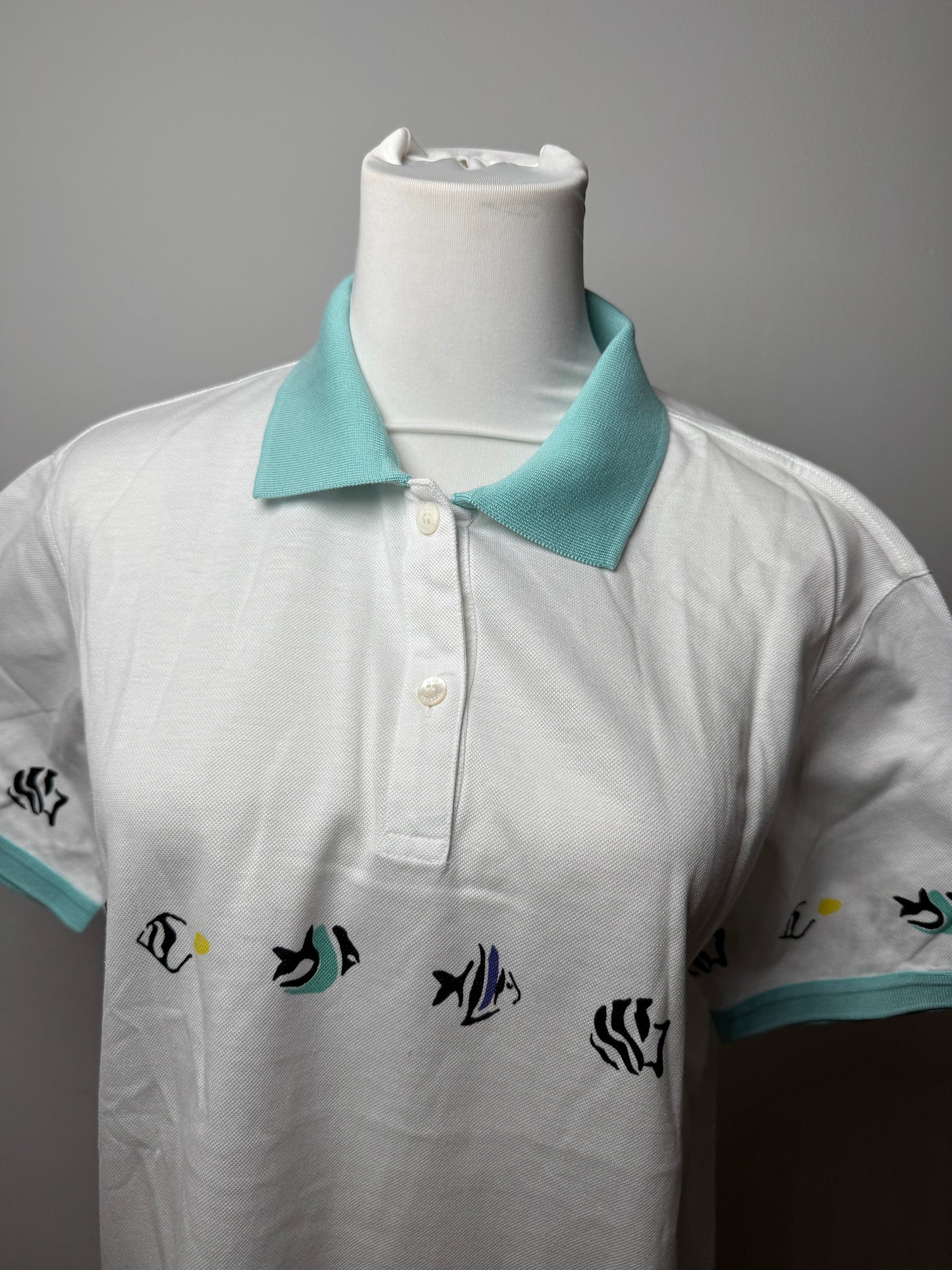 Vintage Dior Fish Polo White Turquoise L