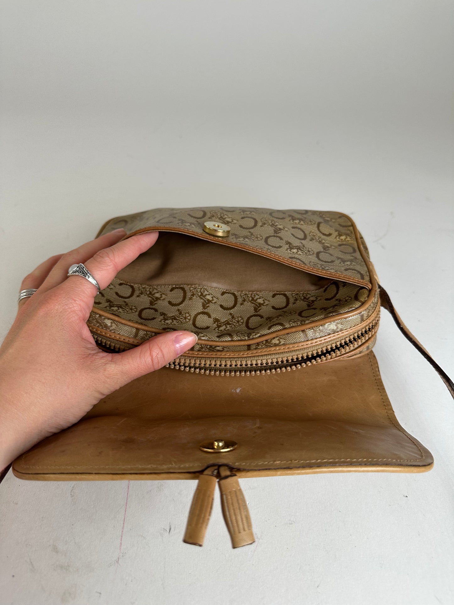 Vintage Celine Paris C Macadam Monogram Coated Canvas Shoulder Bag Beige Brown