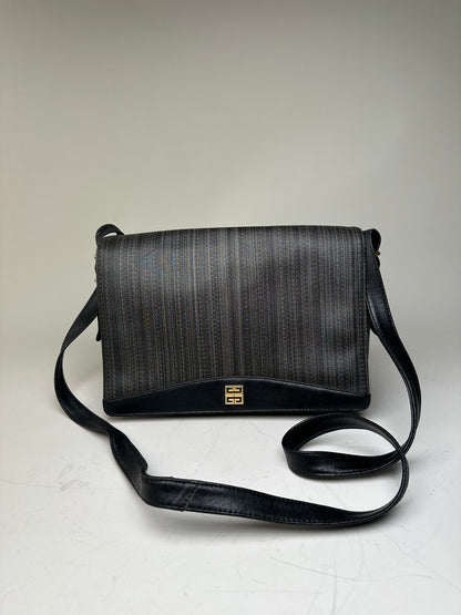 Vintage Givenchy Textured Leather Crossbody Bag Black Gold