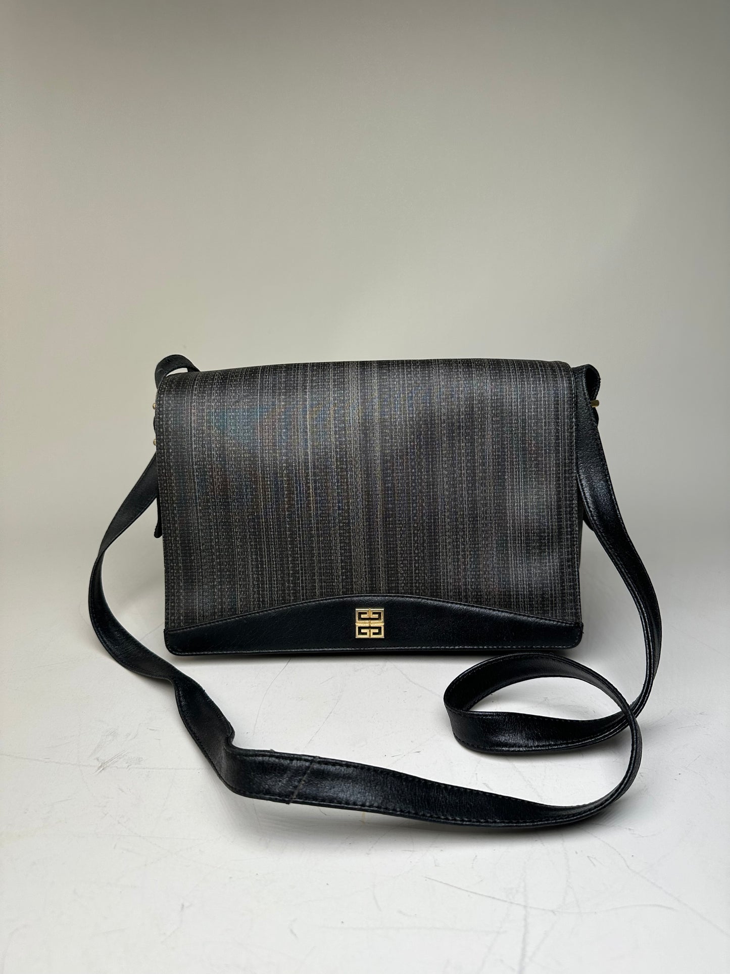 Vintage Givenchy Textured Leather Crossbody Bag Black Gold