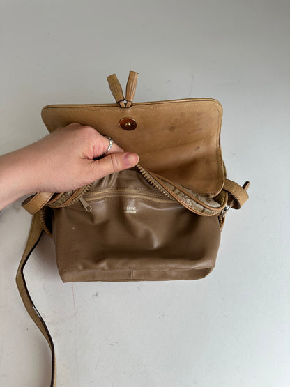 Vintage Celine Paris C Macadam Monogram Coated Canvas Shoulder Bag Beige Brown