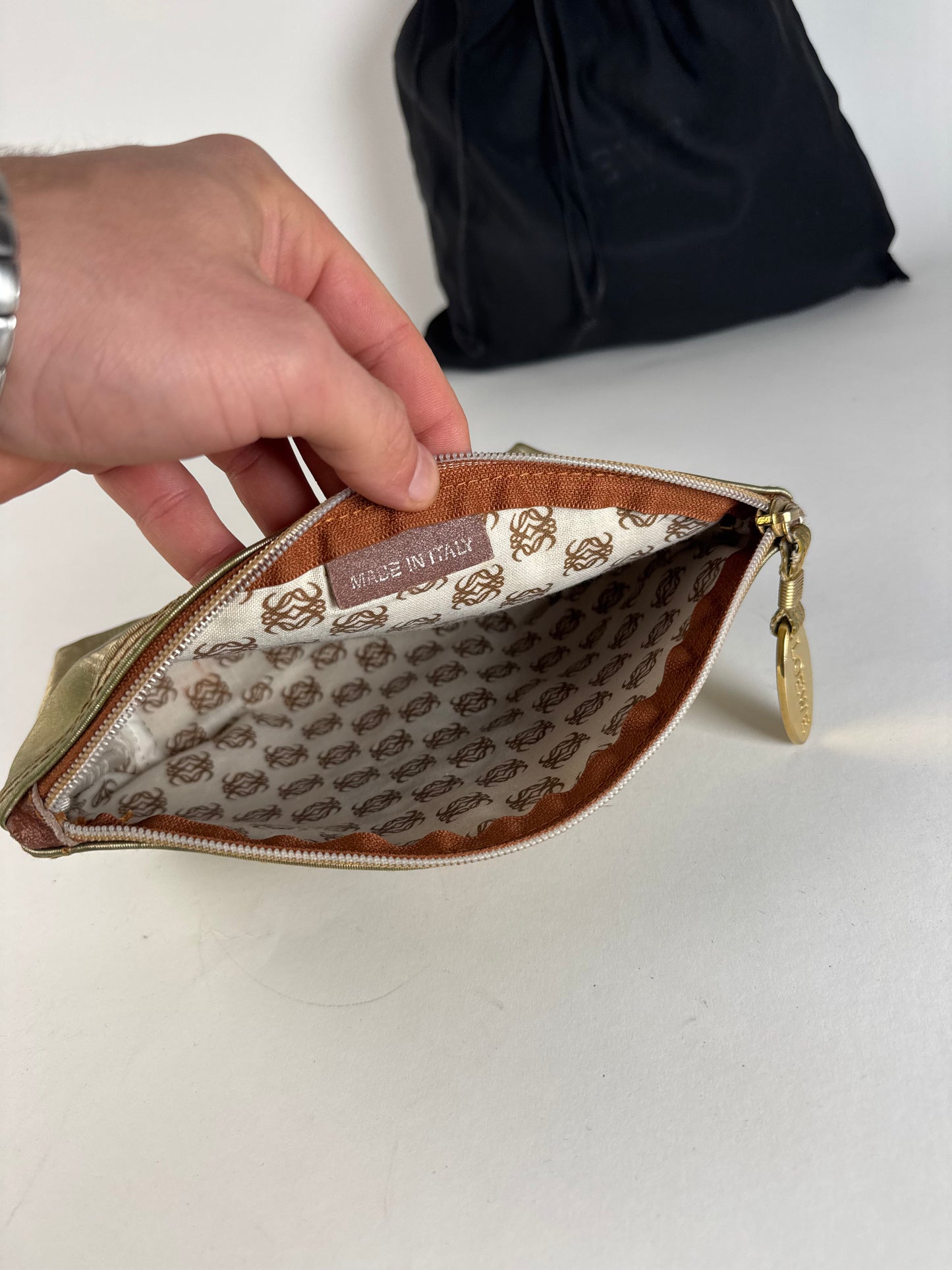 Vintage Loewe Madrid Pearl Emblossed Leather Clutch Gold Brown