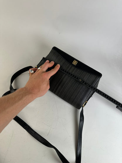 Vintage Givenchy Textured Leather Crossbody Bag Black Gold