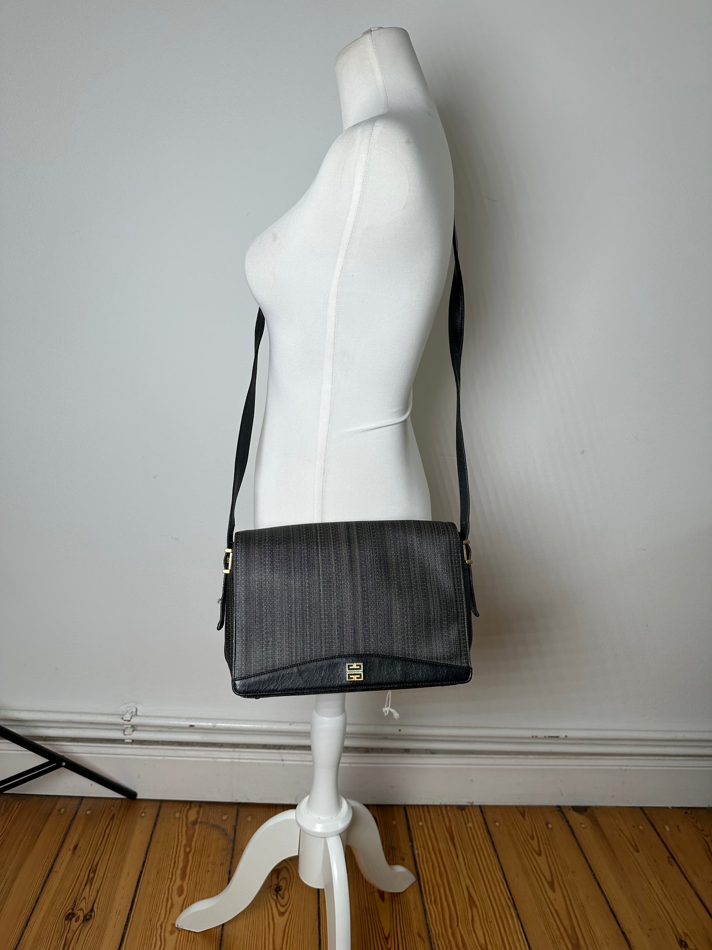 Vintage Givenchy Textured Leather Crossbody Bag Black Gold