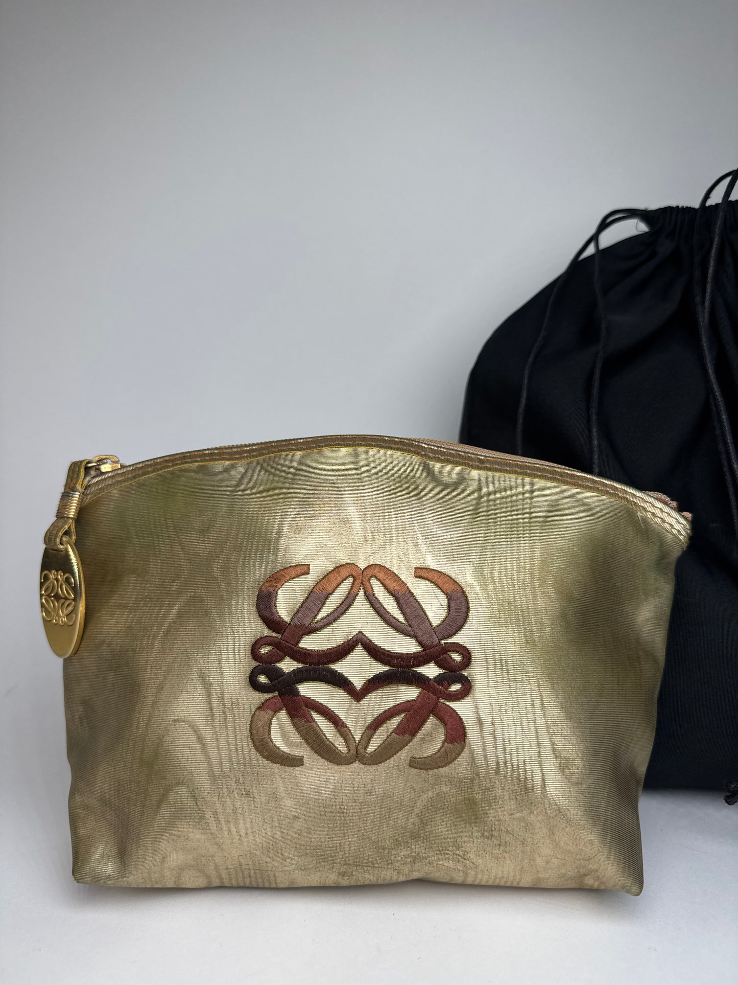 Vintage Loewe Madrid Pearl Emblossed Leather Clutch Gold Brown