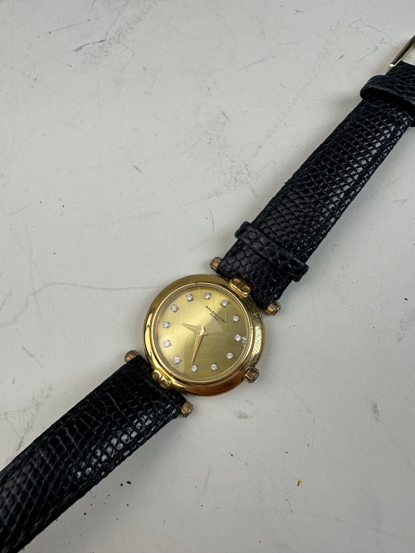 Vintage Balenciaga Bracelet Watch Black Gold Plated Leather