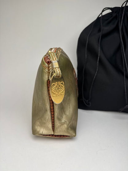 Vintage Loewe Madrid Pearl Emblossed Leather Clutch Gold Brown