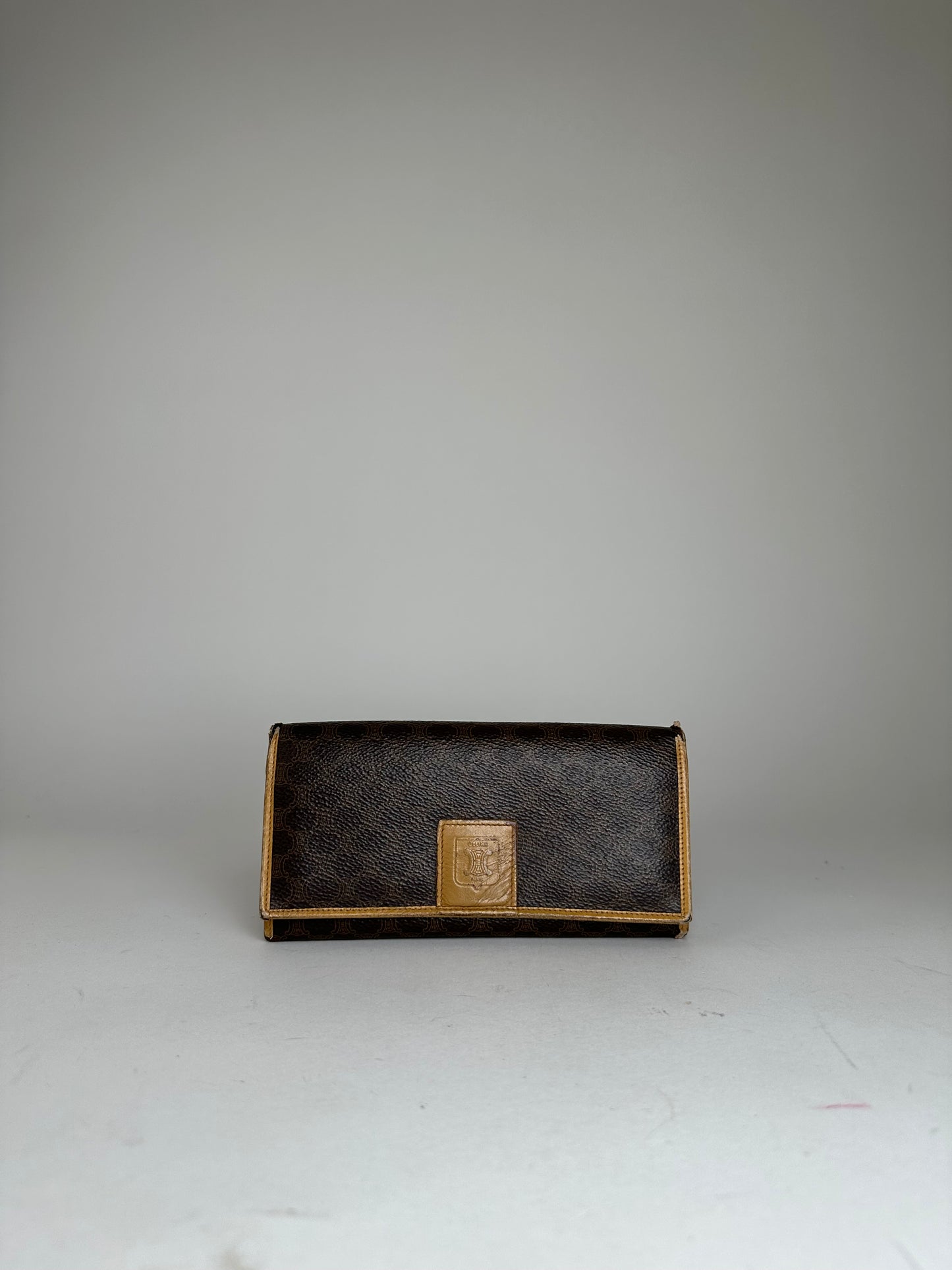 Vintage Celine Paris Macadam Triomphe Monogram Coated Canvas Long Wallet Brown Tan