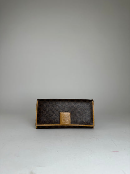 Vintage Celine Paris Macadam Triomphe Monogram Coated Canvas Long Wallet Brown Tan
