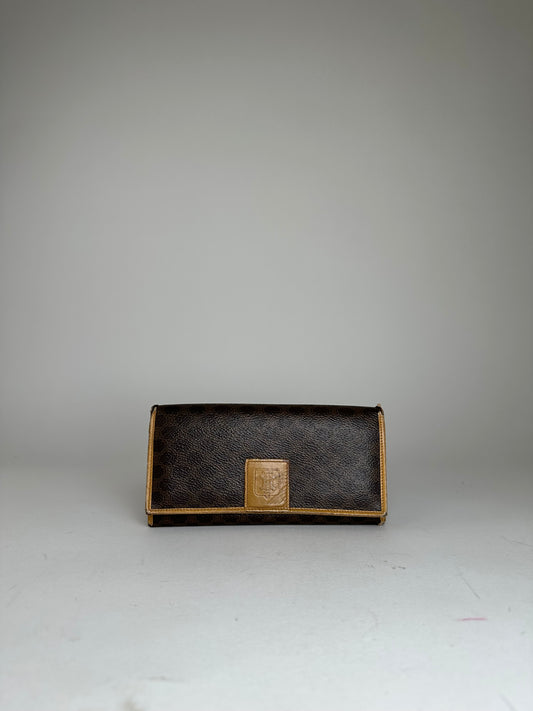 Vintage Celine Paris Macadam Triomphe Monogram Coated Canvas Long Wallet Brown Tan