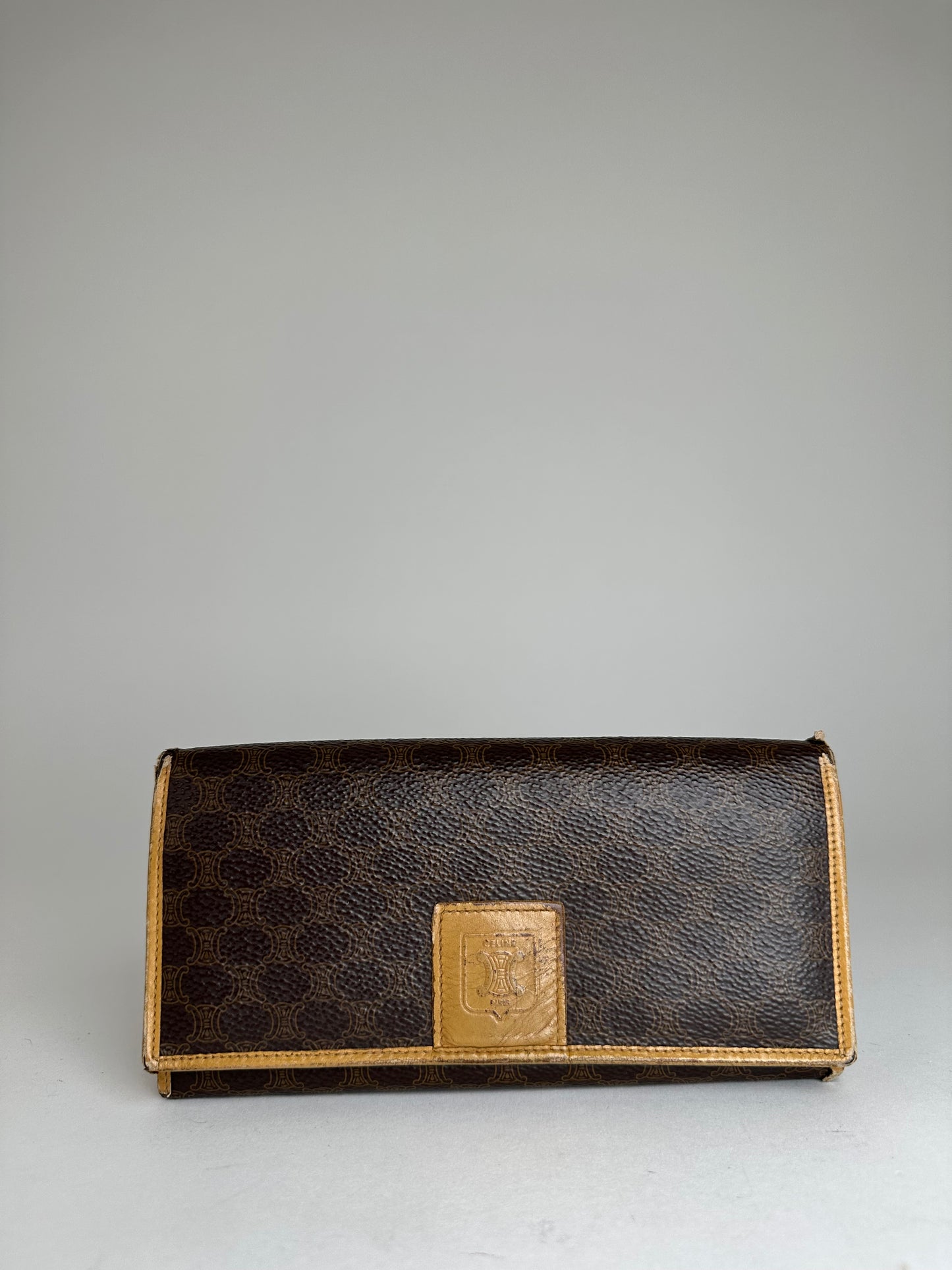 Vintage Celine Paris Macadam Triomphe Monogram Coated Canvas Long Wallet Brown Tan