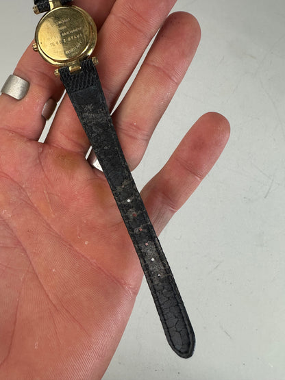 Vintage Balenciaga Bracelet Watch Black Gold Plated Leather