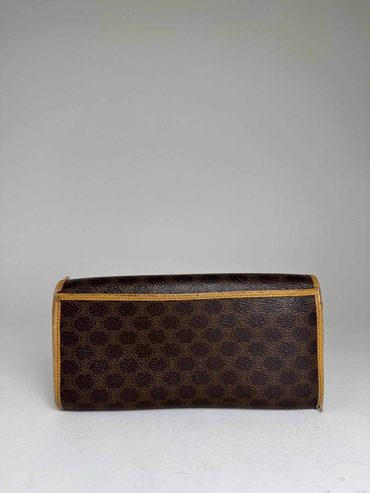 Vintage Celine Paris Macadam Triomphe Monogram Coated Canvas Long Wallet Brown Tan