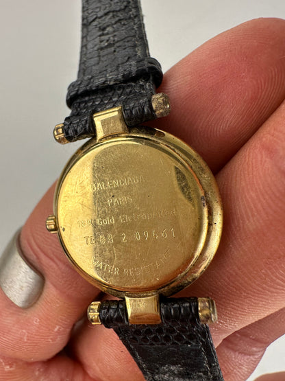 Vintage Balenciaga Bracelet Watch Black Gold Plated Leather