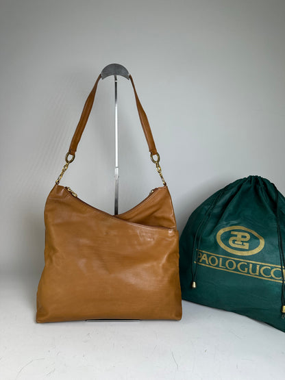 Vintage Gucci Leather Shoulder Bag Tan Gold
