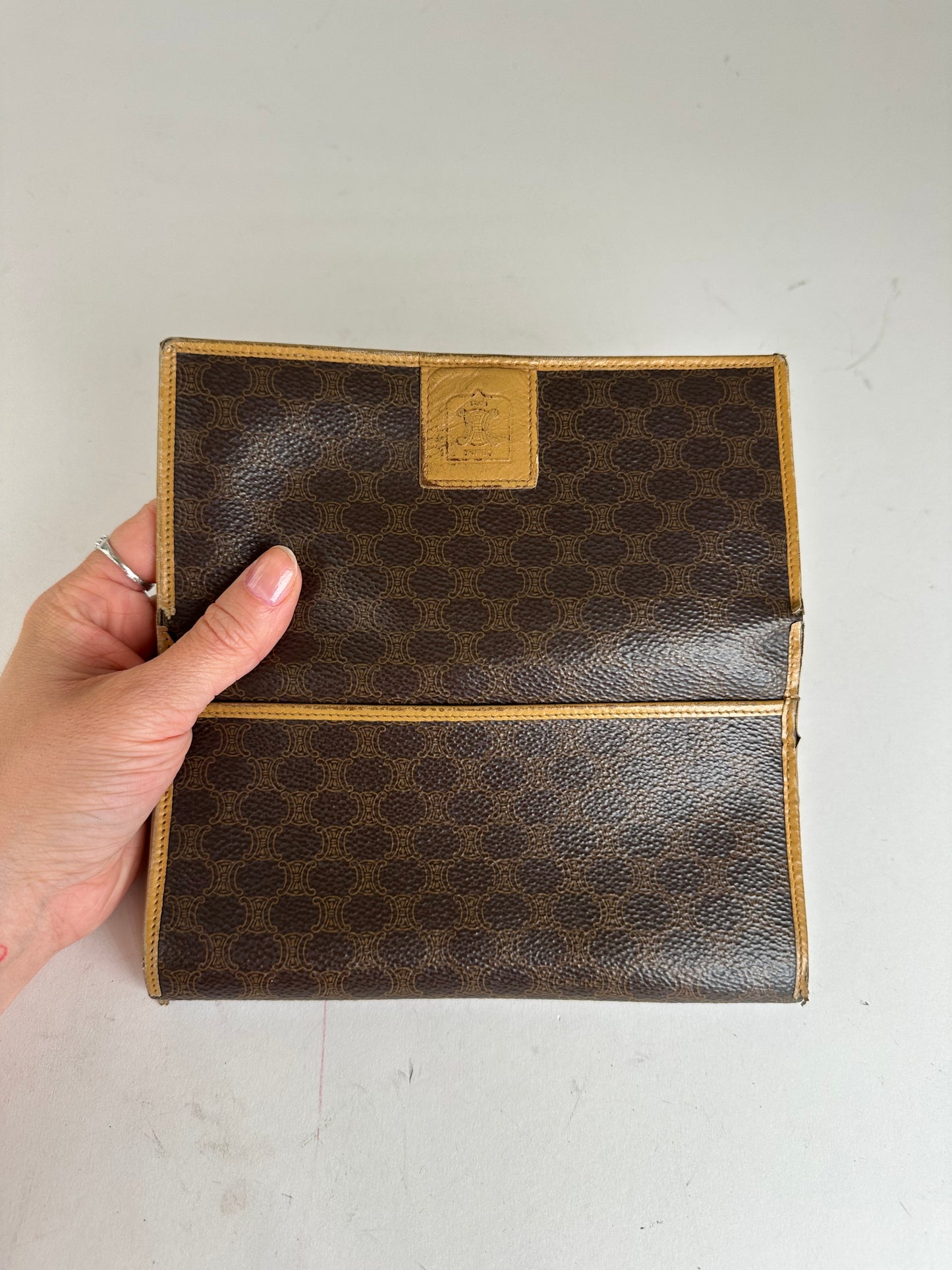 Vintage Celine Paris Macadam Triomphe Monogram Coated Canvas Long Wallet Brown Tan