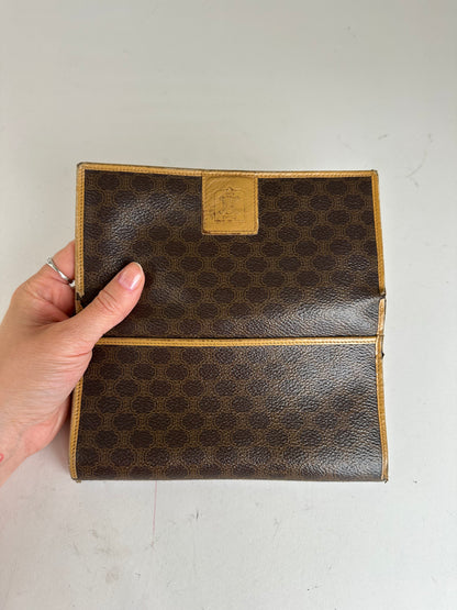 Vintage Celine Paris Macadam Triomphe Monogram Coated Canvas Long Wallet Brown Tan