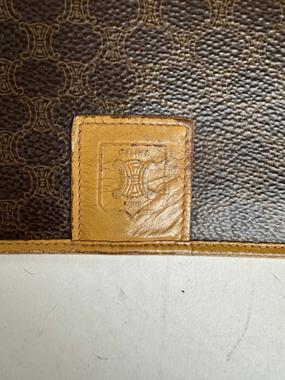 Vintage Celine Paris Macadam Triomphe Monogram Coated Canvas Long Wallet Brown Tan