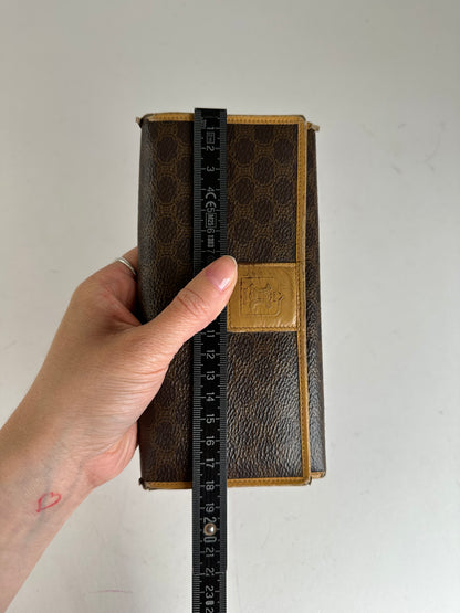 Vintage Celine Paris Macadam Triomphe Monogram Coated Canvas Long Wallet Brown Tan