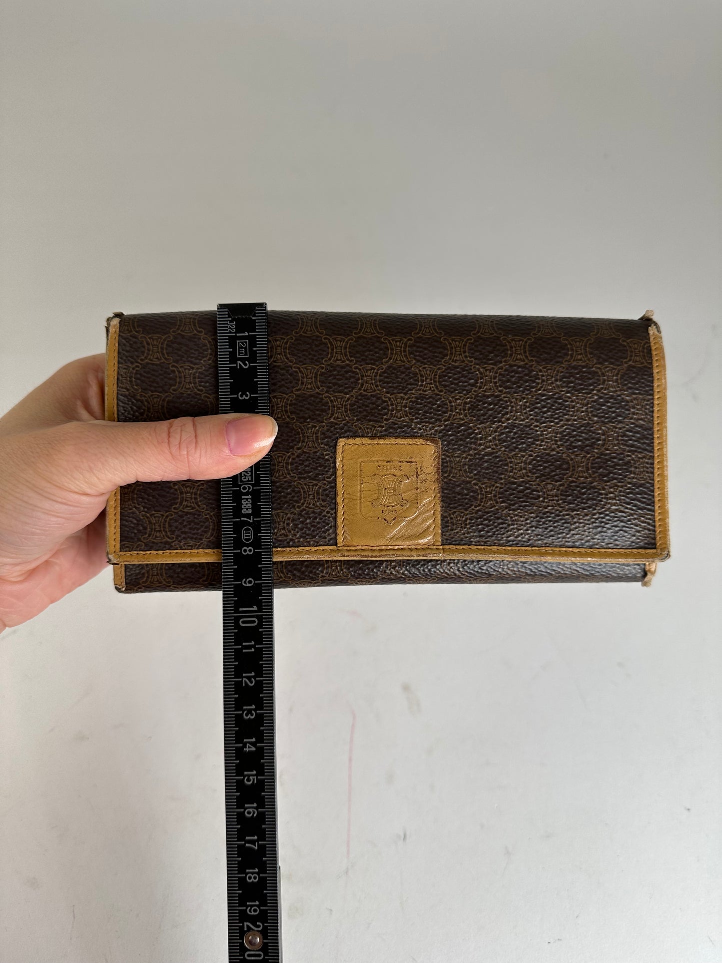 Vintage Celine Paris Macadam Triomphe Monogram Coated Canvas Long Wallet Brown Tan
