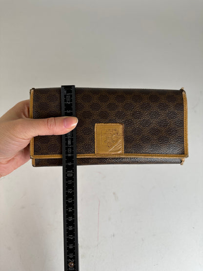 Vintage Celine Paris Macadam Triomphe Monogram Coated Canvas Long Wallet Brown Tan