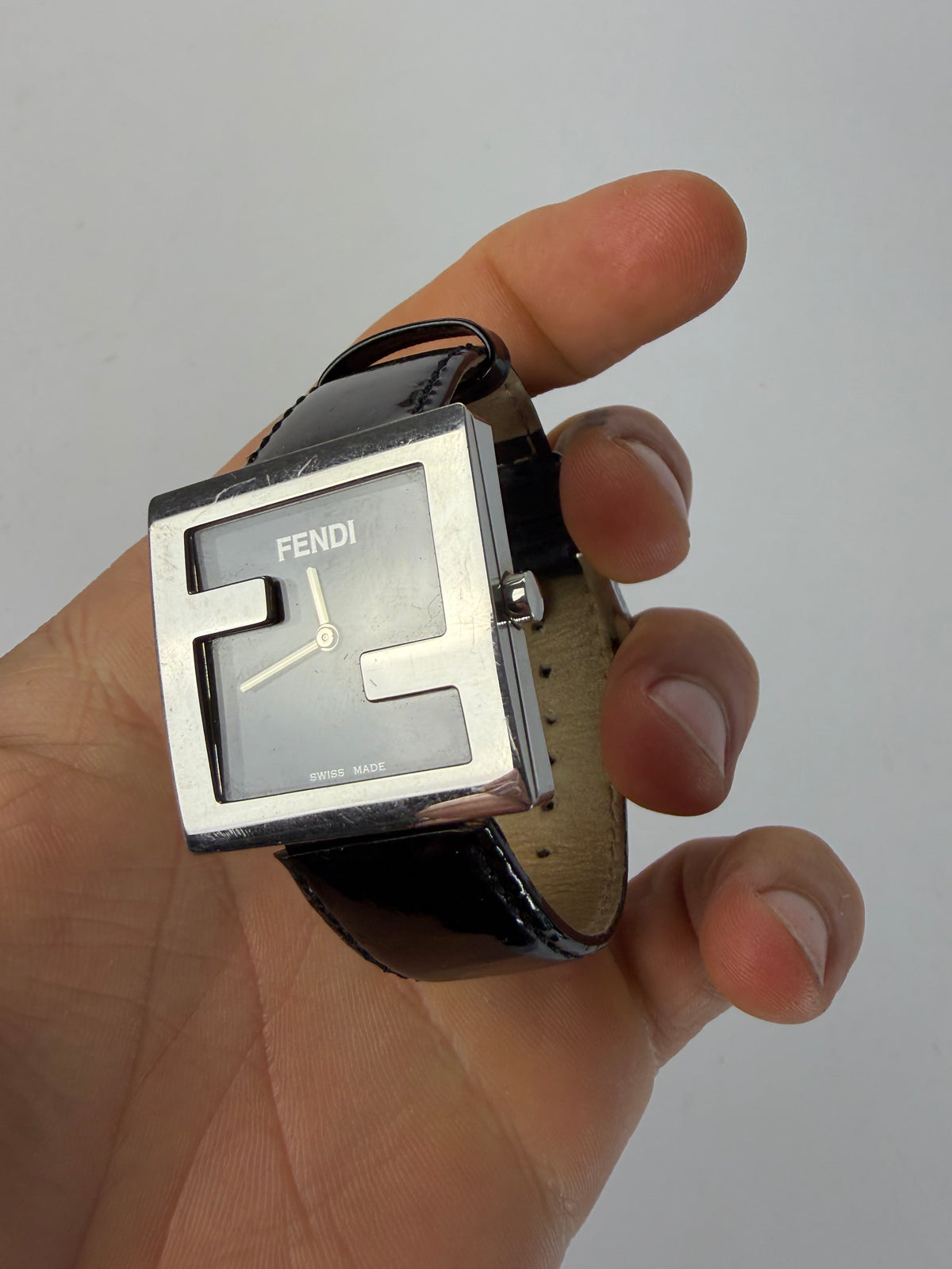Vintage Fendi Square Watch Patent Leather Strap Late 1990s Black