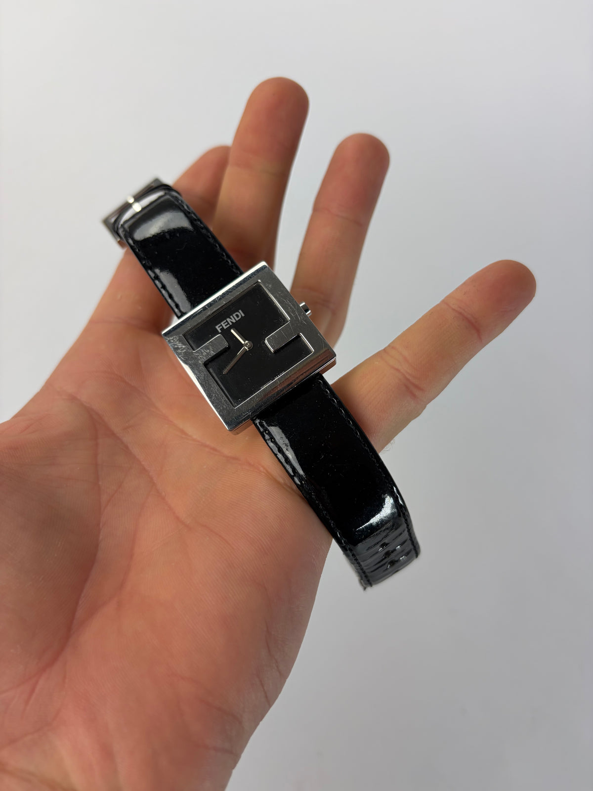 Vintage Fendi Square Watch Patent Leather Strap Late 1990s Black