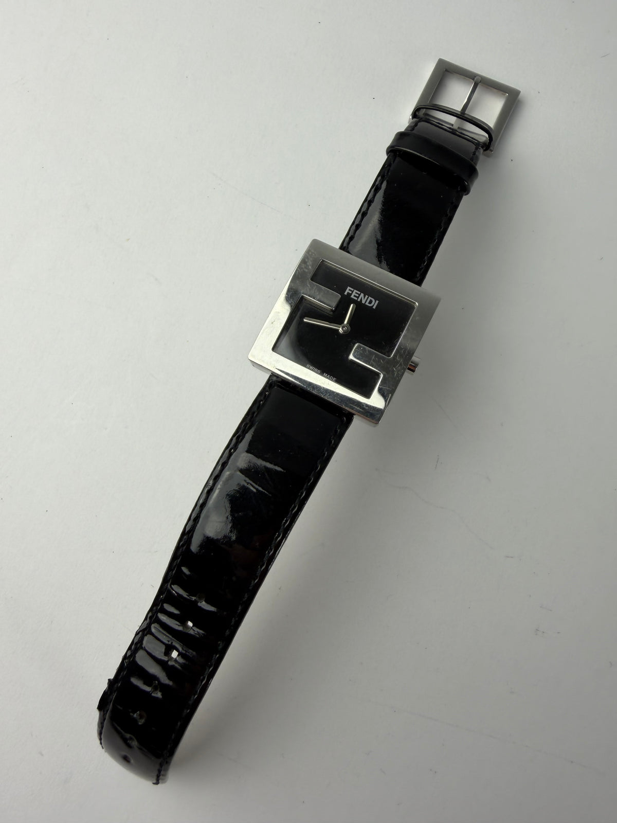 Vintage Fendi Square Watch Patent Leather Strap Late 1990s Black