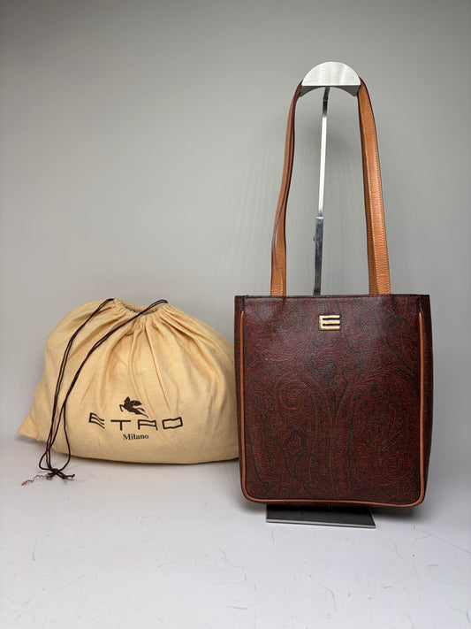 Vintage Etro Paisley Leather Tote Bag Burgundy Green