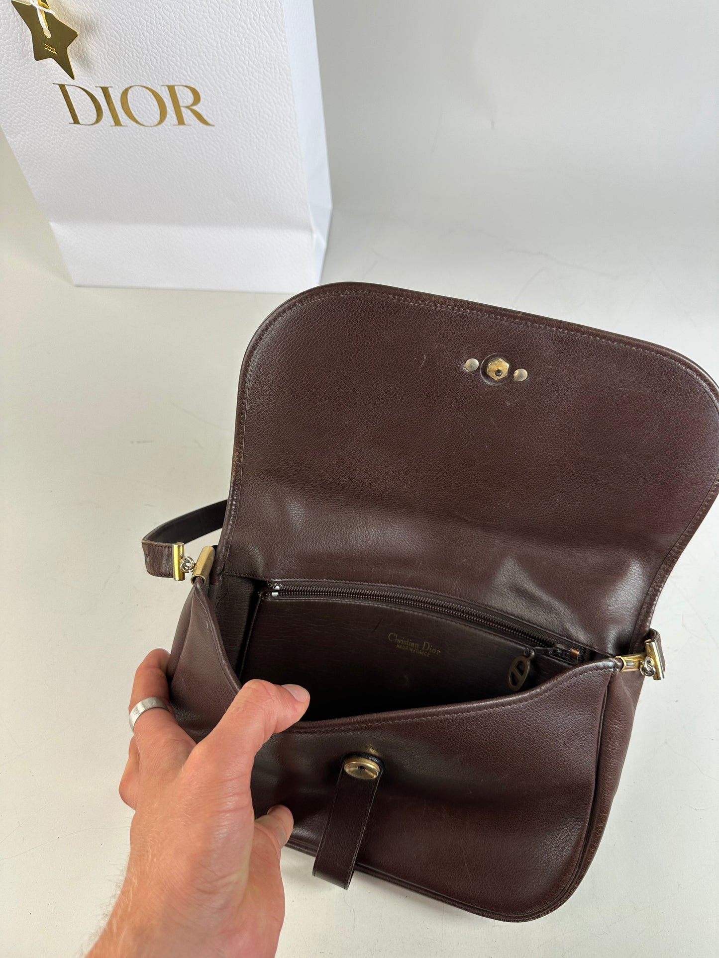 Vintage Dior Structured Leather Crossbody Bag Dark Brown Gold
