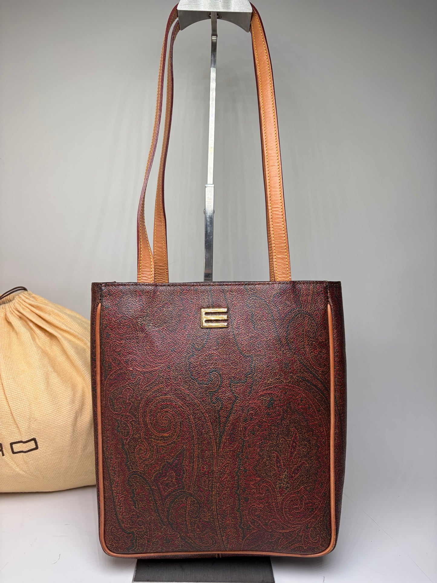 Vintage Etro Paisley Leather Tote Bag Burgundy Green