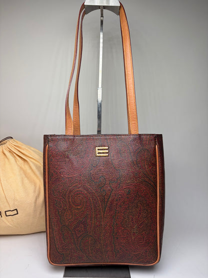 Vintage Etro Paisley Leather Tote Bag Burgundy Green