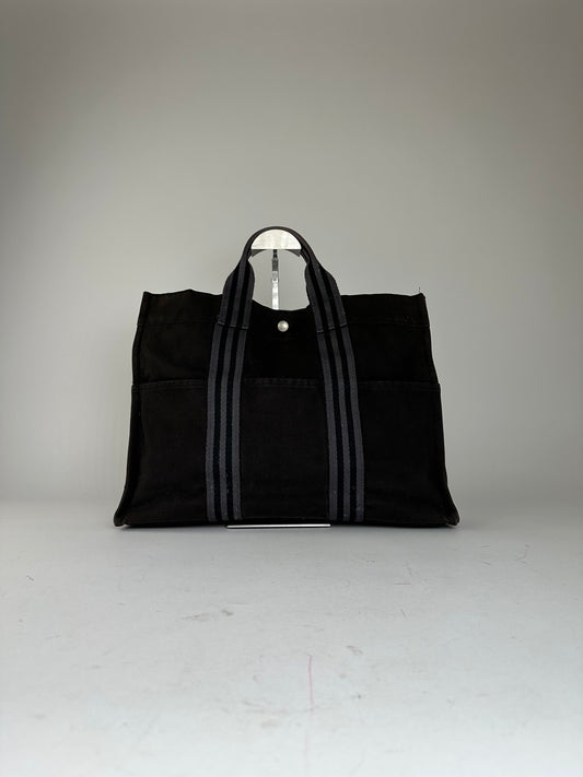 Vintage Hermes Fourre Tout Canvas Tote Bag Black Grey