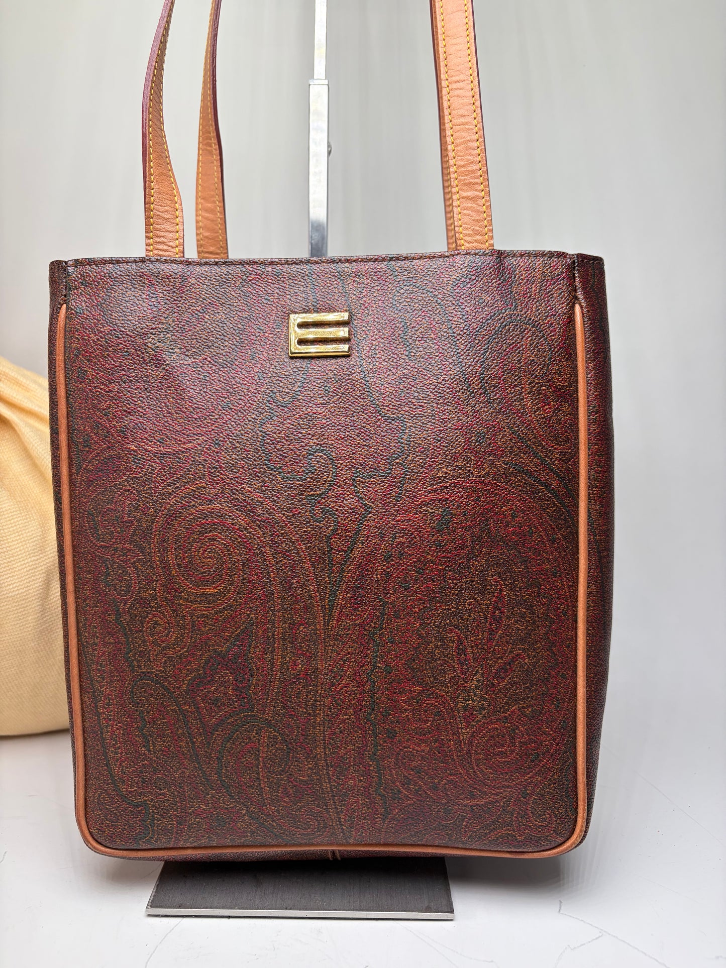 Vintage Etro Paisley Leather Tote Bag Burgundy Green