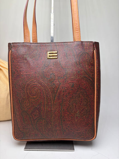 Vintage Etro Paisley Leather Tote Bag Burgundy Green