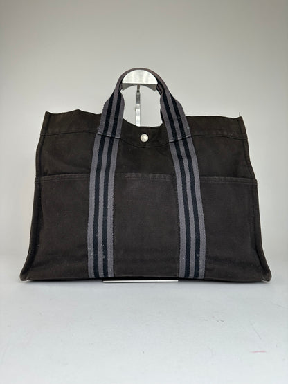 Vintage Hermes Fourre Tout Canvas Tote Bag Black Grey