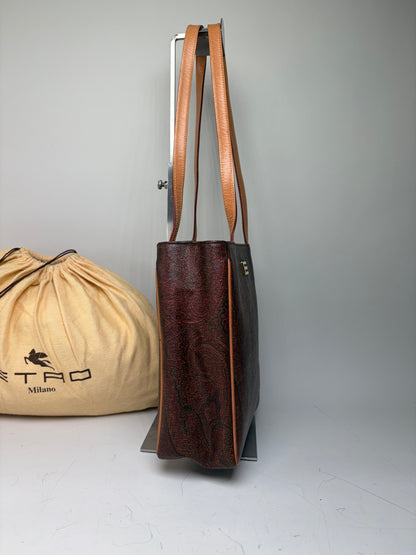 Vintage Etro Paisley Leather Tote Bag Burgundy Green