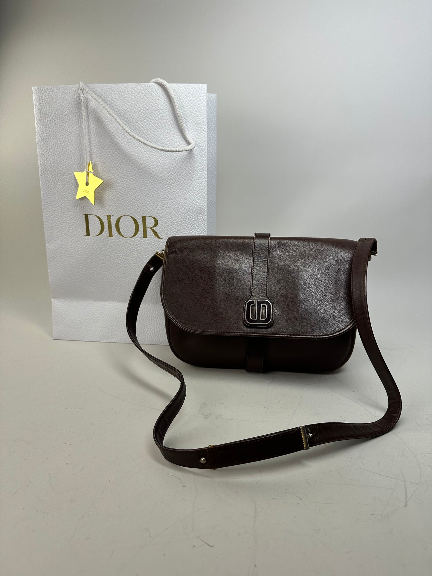 Vintage Dior Structured Leather Crossbody Bag Dark Brown Gold