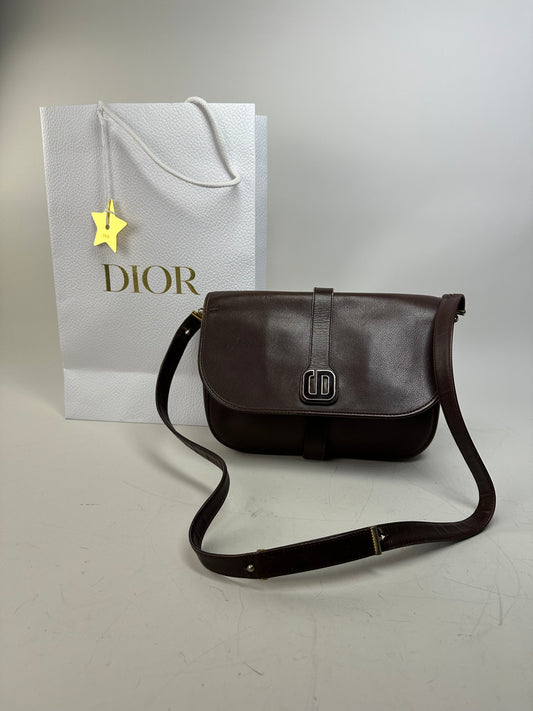 Vintage Dior Structured Leather Crossbody Bag Dark Brown Gold