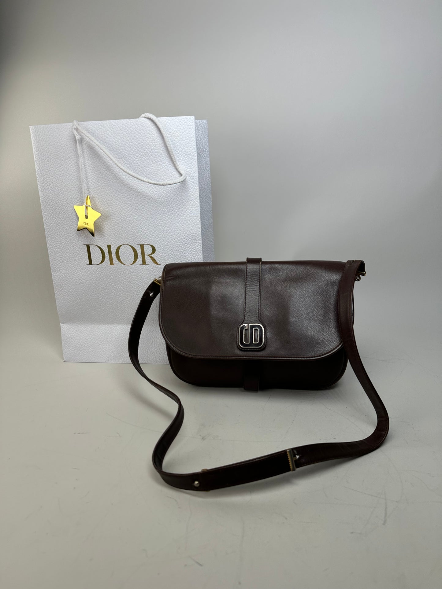 Vintage Dior Structured Leather Crossbody Bag Dark Brown Gold