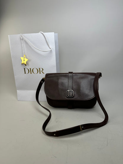 Vintage Dior Structured Leather Crossbody Bag Dark Brown Gold